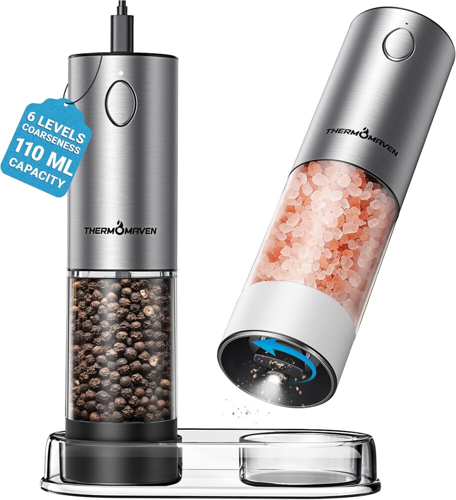 ThermoMaven Electric Salt and Pepper Grinder Set, 110ml Larger Rechargeable Automatic Salt and Pepper Mill Grinder with 6 Adjustable Coarseness, Salt and Pepper Shakers, LED, 2 Packs, Black & White