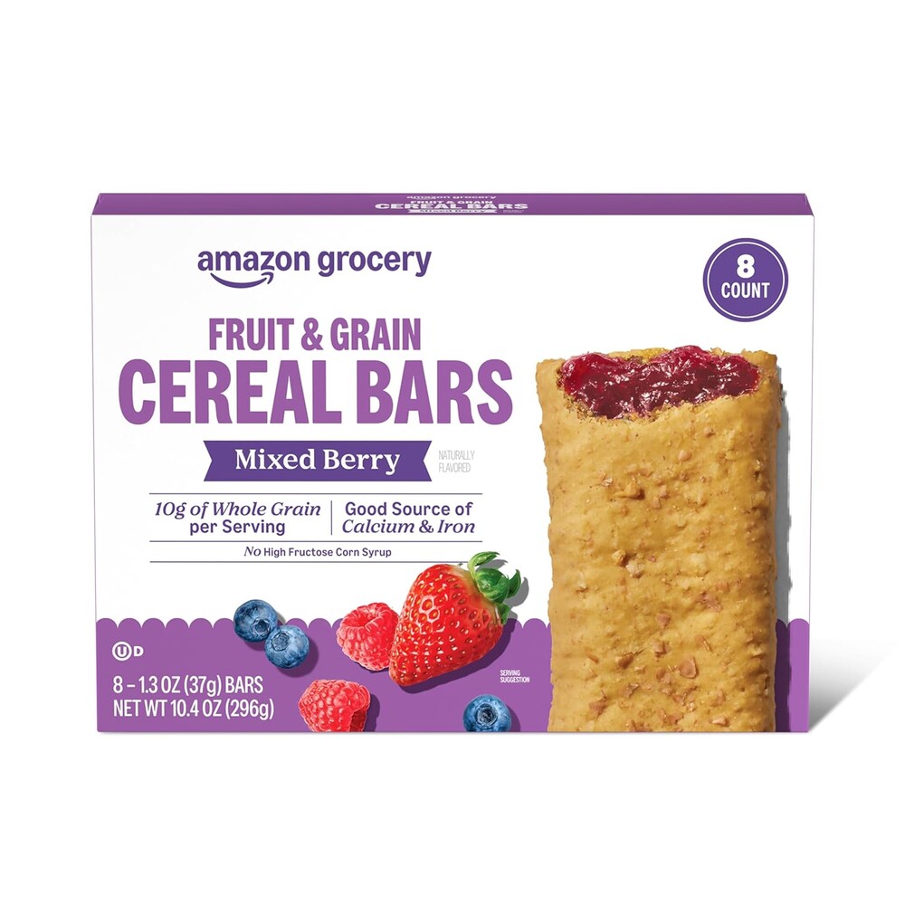 Amazon Grocery, Mixed Berry Fruit & Grain Cereal Bar, 1.3 Oz, 8 Ct