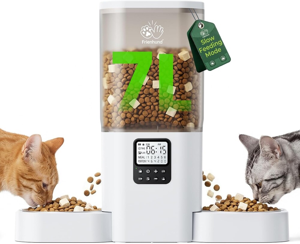 Timed Automatic Cat Feeder 2 Cats with Slow Feed: Dual Automatic Dog Feeder with Information Visualization, Programmable Auto Cat Food Dispenser for Multiple Pets,Detachable for Clean-29 Cup