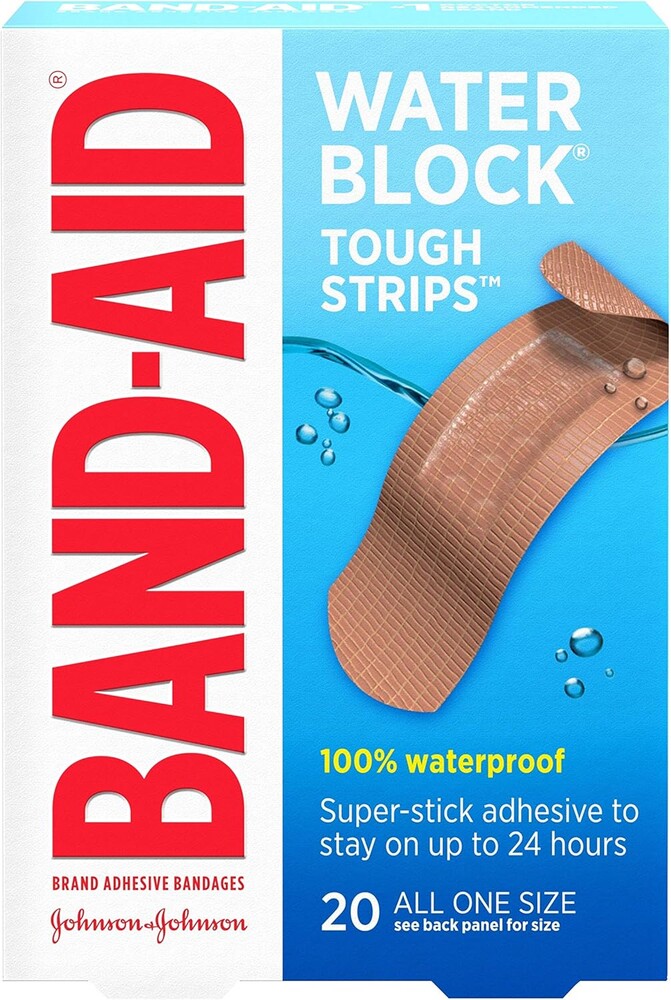 Band-Aid Brand Water Block Waterproof Tough Adhesive Bandages for Minor Cuts and Scrapes, All One Size, 20 Count (Pack of 1)
