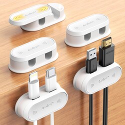 5Pack Cable Clips - 10 Hole Cord Organizer for Desk [Both Sides 1s Smooth Push] Nightstand Phone Charging Cord Holder, Adhesive Wire Organizer Keeper for Home/Car/Table, Office Desk Accessories, White