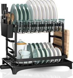QUIZINE Two-Tier Dish Drainer, Metallic 3-Layer Electrostatic Paint, Automatic Drain Tray, Sturdy and Compact for Tableware, Glasses and Cutlery, Quickly Assembles and Disassembles for Storage and Use