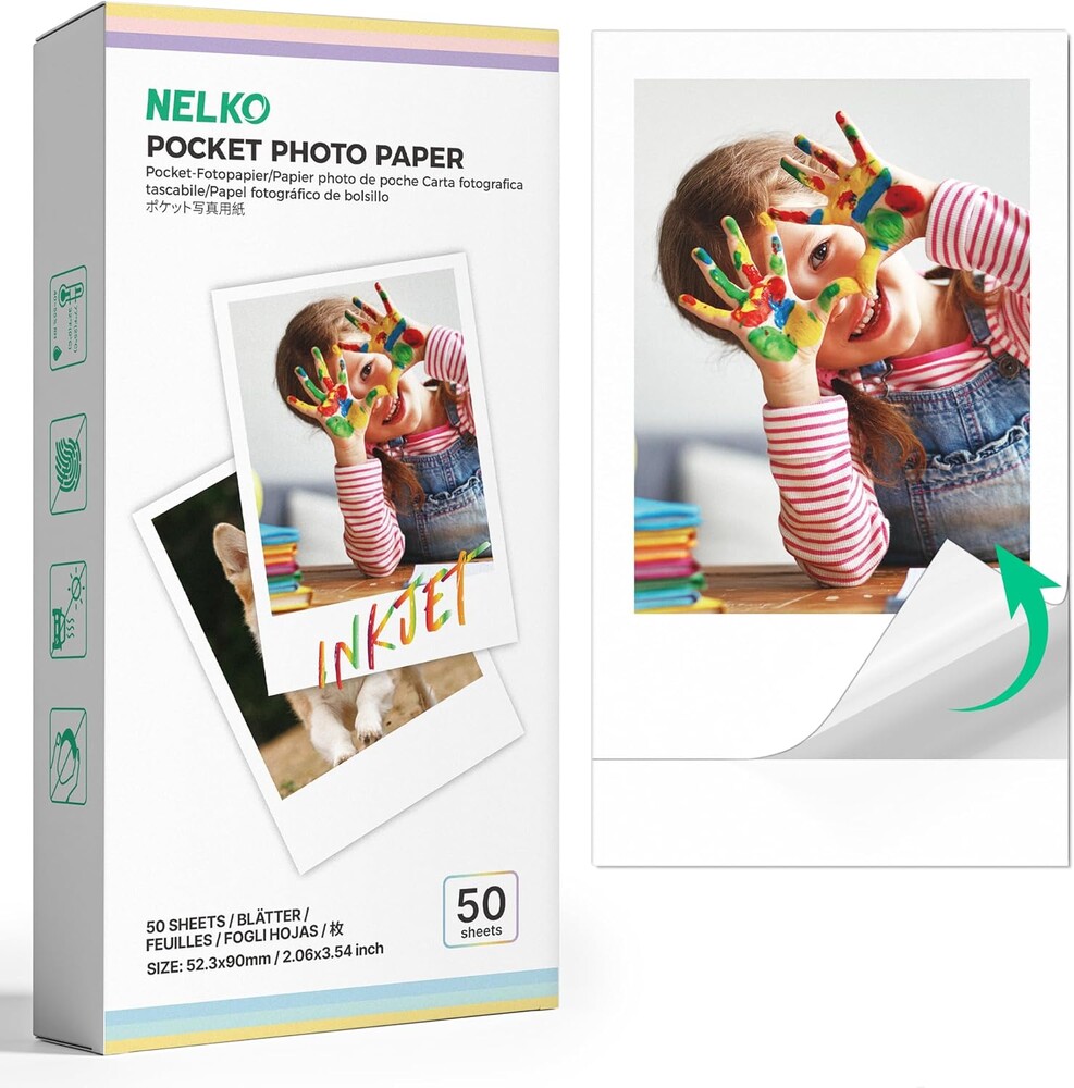 Nelko 52.3x90mm (2.06"x3.54") Premium Photo Paper, 50-Pack Genuine PP01 Pocket Printer Paper, Sticky Back Picture Paper, Compatible with Nelko PP01 Photo Printer, Easy to Peel Off, White