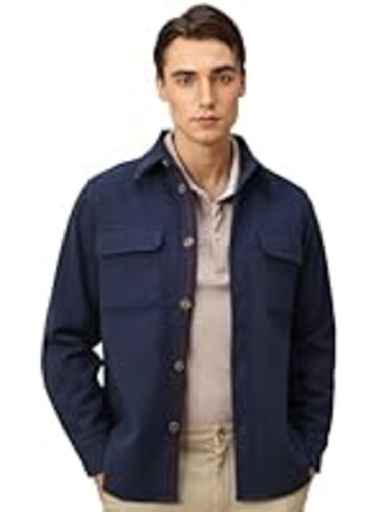 Hudson Wellesley Mens Shirt Jacket Brushed Casual Shacket with Two Pockets Long Sleeve Button Up Overshirt Dress Blue XL