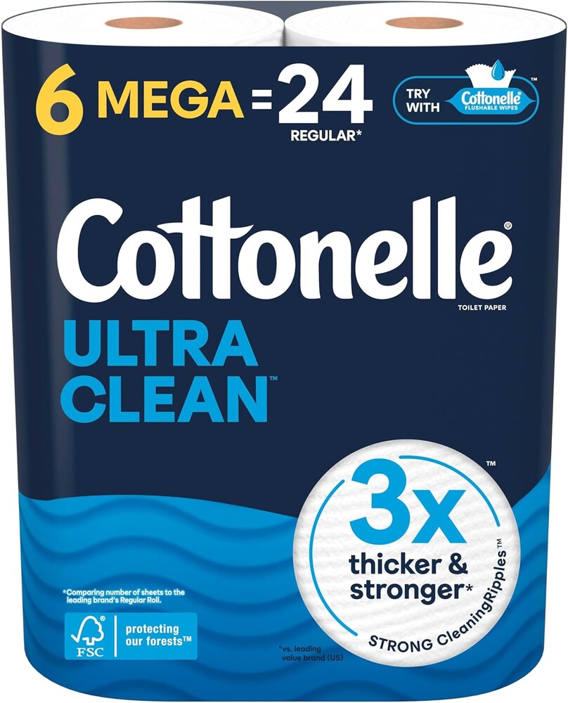Cottonelle Ultra Clean Toilet Paper, 6 Mega Rolls = 24 Regular Rolls, Packaging May Vary