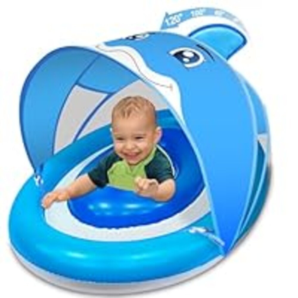 Dolphin Baby Float with Canopy for Age 6-36 Months UPF 50+ Sun Protection Never Flip Over Dual Air Chambers Adjustable Safety Seat 4 Stage Adjustable Canopy Inflatable Swim Pool Float Toddler Infant