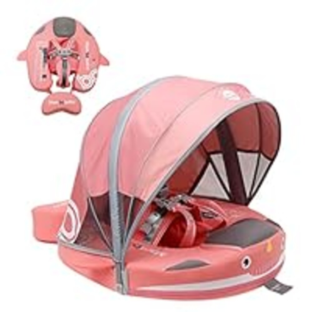 Luckclubtojoy Mambobaby Floats with Canopy &Tail, Non-Inflatable Baby Float for Pool Add Tail Avoid Flip Swim Trainer Baby Floats for Toddler Boys Girls(Narwhal-Pink)