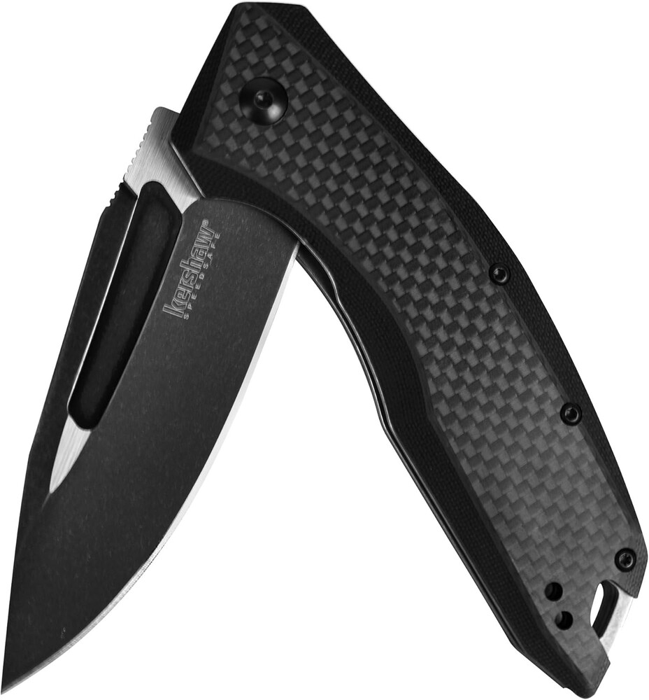 Kershaw Flourish Pocket Knife (3935); 3.5-Inch Blackwash Clip Point Blade with Black Carbon Fiber Handle; Features SpeedSafe Assisted Opening, Flipper, Lanyard Hole and Reversible Pocket Clip; 5.3 OZ.