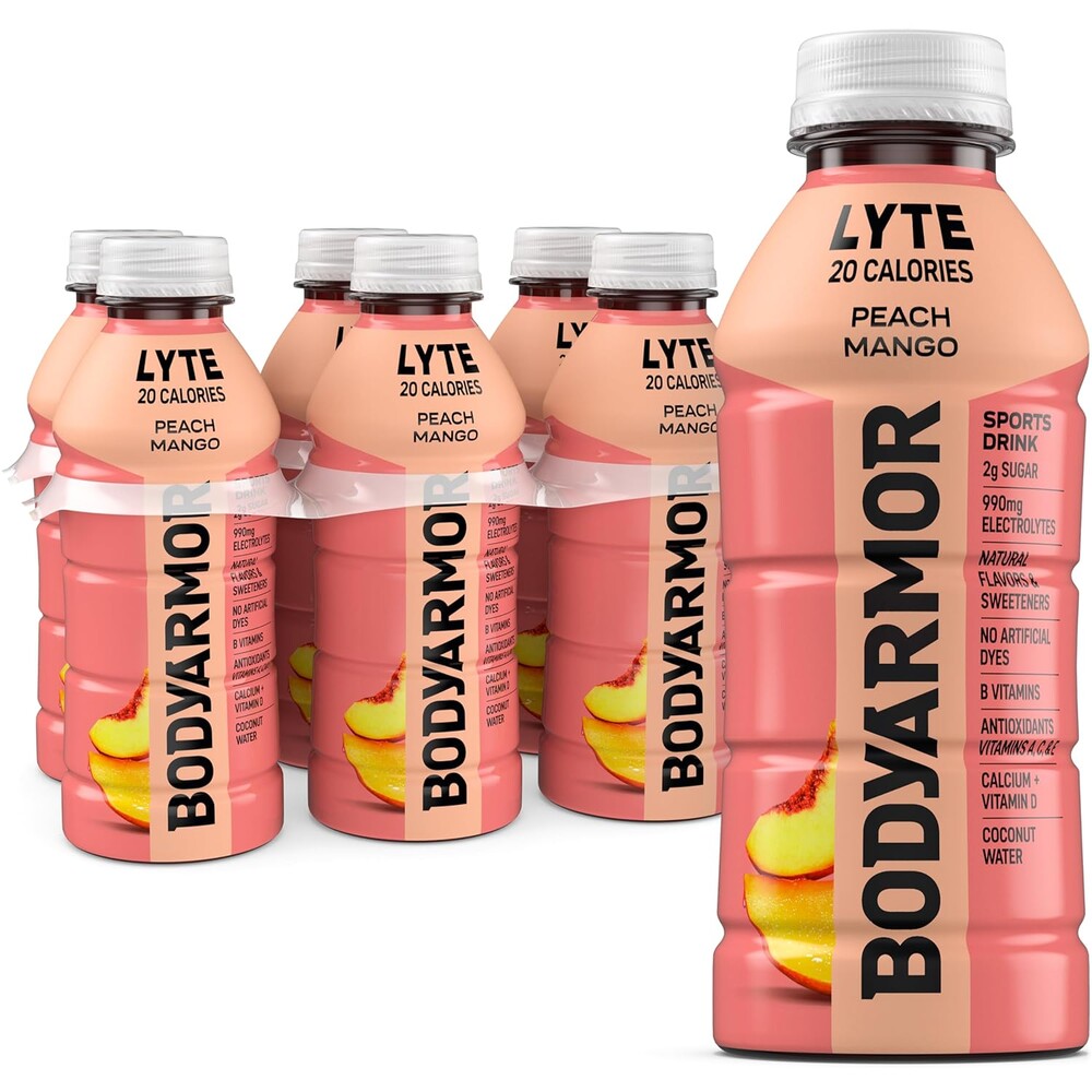 BODYARMOR LYTE, Peach Mango, Electrolyte Drink, 20 Calories, 16 Fl Oz Bottles (6 Pack), Coconut Water Sports Drink, Natural Flavor & B Vitamins