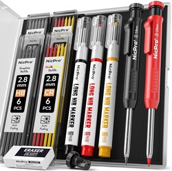 Nicpro 2 Pack CP1000 Carpenter Pencil with Sharpener, Mechanical Carpenter Pencils with 26 Refills, Deep Hole Long Nib Marker Pens for Construction, Heavy Duty Woodworking Pencil for Architect Marking