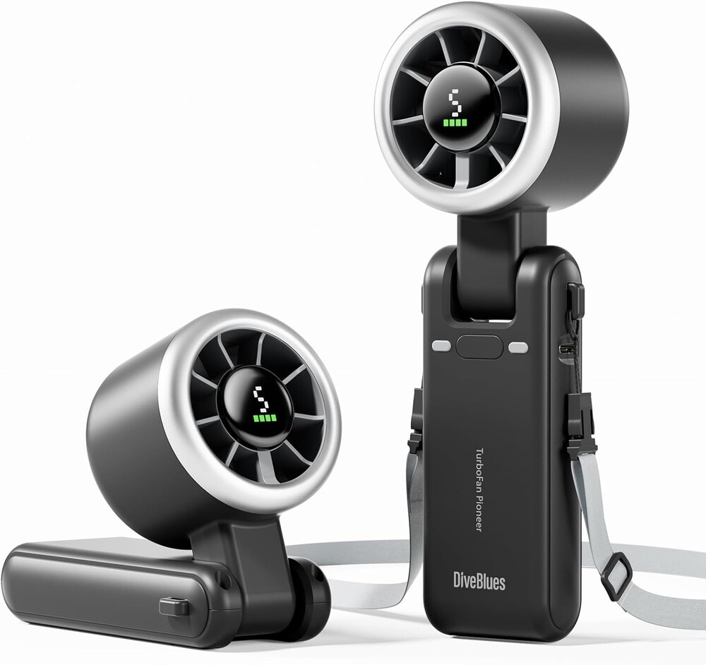 Diveblues Portable Handheld Turbo Fan, 5 Gear Wind, Battery Operated, Up to 12 Working Hours, 3 IN 1 Hand Fan with Air Turbo Tech Cooling Fan for Outdoor Activities, Travel, Working, Obsidian black