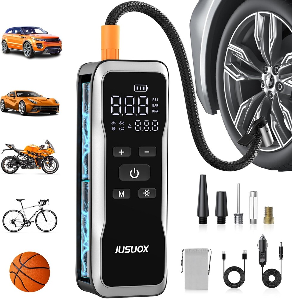 Tire Inflator Portable Air Compressor, Dual Power (Cordless & 12V DC) Air Pump for Car Tires, 150PSI Fast Air Pump for Moto, Bike, Large Capacity Battery, Digital Gauge with Emergency LED Light