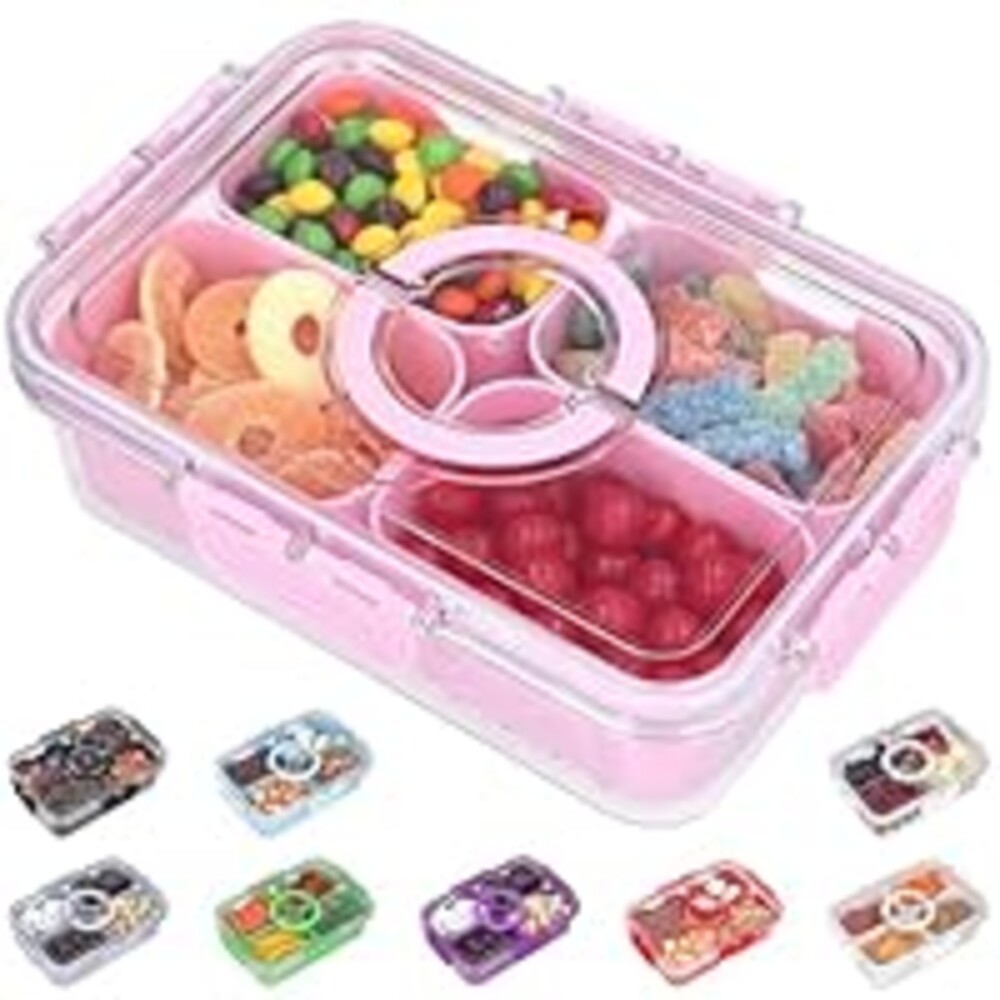 KEYVOZ Snackle Box Container with Lid- Travel Charcuterie Box with Handle - Organizer for Candy, Fruit, Nuts, Veggies, Snacks, Beach Essentials, Portable Lunch Box (Pink, Small)