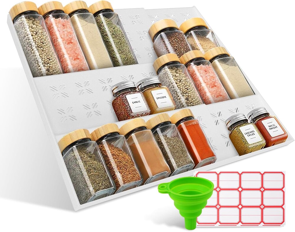 2-Pack Expandable Spice Drawer Organizer (11"-22"), 3-Tier Angled Seasoning Rack for Kitchen, Sturdy Vented Insert with Labels & Funnel, Fits Standard & Biger Spice Jars (Jars Not Included) WH