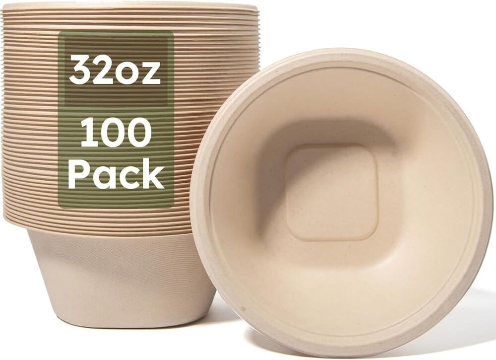 Paper Bowls, 32 Oz Disposable Bowls [100 Pack] Heavy Duty Compostable Deep Disposable Soup Bowls, Eco-friendly Biodegradable Bagasse Hot Cold Microwavable Bowls for Salad, Cereals, Dessert