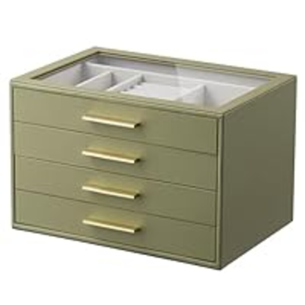 Jewelry Box Organizer Case for Women: 4-Layer Jewelry Storage Case with Glass Window, Olive Green Leather with Cream Velvet, Holder for Ring Necklace Bracelet Brooch Watch, Great Gift for Her