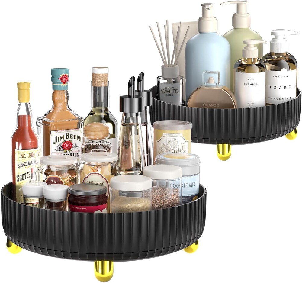 2-Pack Black Turntable Organizer Set – 11" & 8.6" Lazy Susan for Cabinets, Kitchen Pantry, Refrigerator, Bathroom & Medicine Cabinet Storage, 360° Rotating Spice Rack Organizer