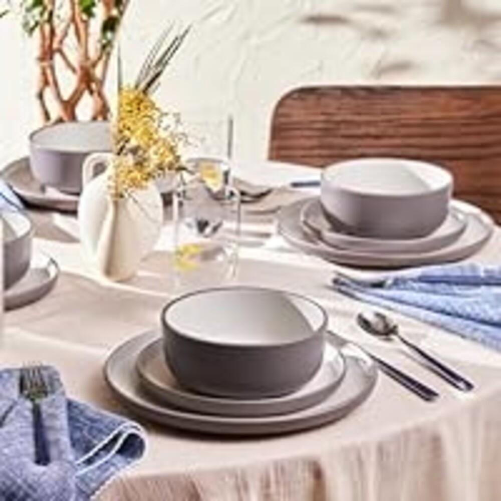 Karaca Riley 18-Piece Stoneware Plates and Bowls Set - Kitchen Dinnerware Sets for 6 - Grey Elegant Design Dish Set for Family Meals and Entertaining & Dishwasher Safe