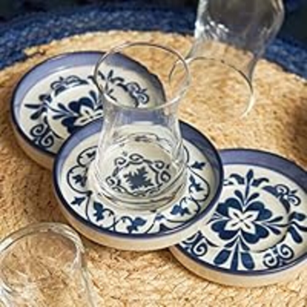 KARACA Zeher Blue Tea Service Set for 6 Person, Tea Glasses Set, 12 Pieces, Turkish Tea, Tea Glasses with Stoneware Saucers