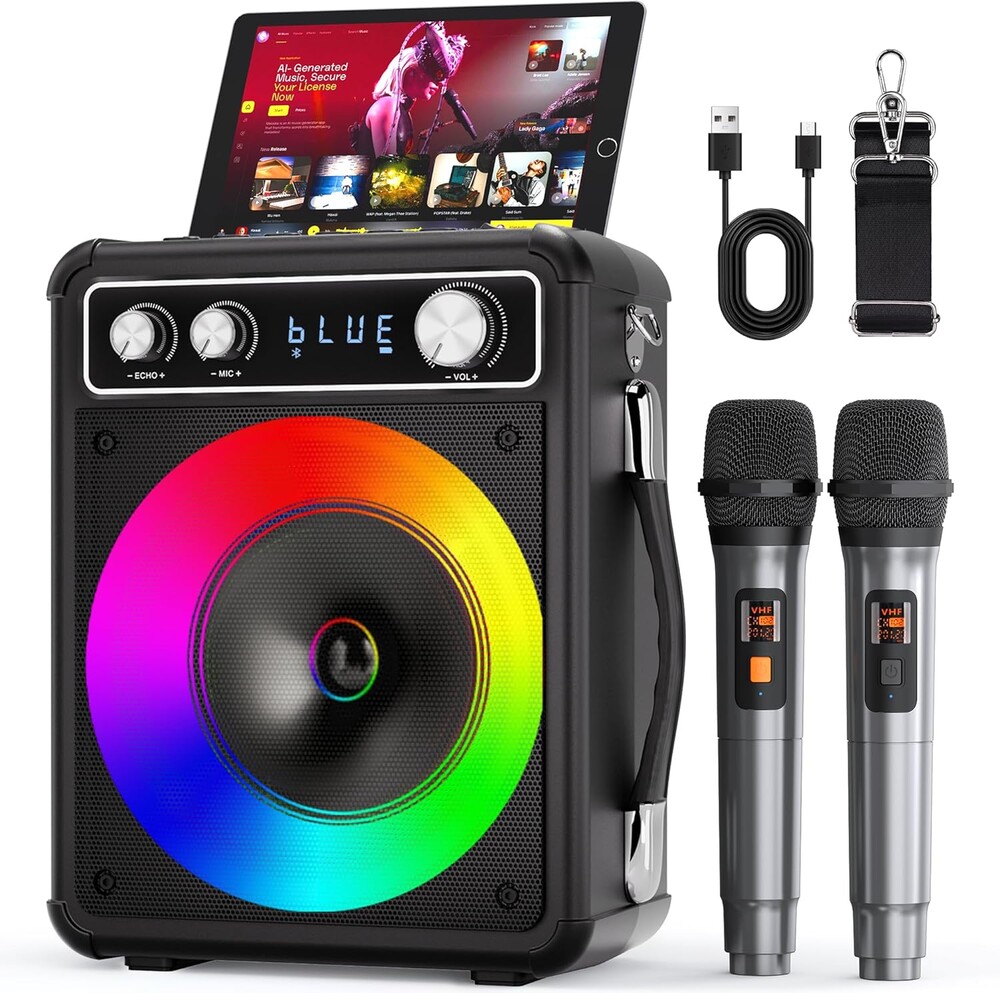 Karaoke Machine, Portable Bluetooth Karaoke Speaker with 2 Wireless Microphones, PA System for Adults Kids with LED Lights & Echo Adjustment, Supports TWS/TF/USB/AUX for Home Party