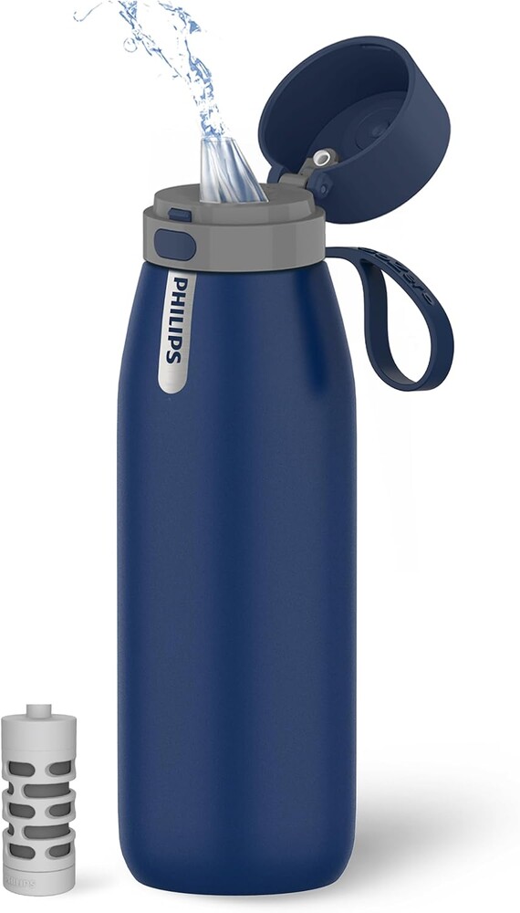 PHILIPS Water Bottle with Filter, Filter Water Bottle Stainless Steel with GoZero Everyday BPA-Free Tap Water Filter, Water Filter Bottle Keep Drink Cold 24 Hours, 1 Filter for 40 gal / 2 Months