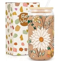 Daisy Flowers Iced Coffee Glass Cup, Drinking Glass Cups Lids Straws, Cute Tumbler Cup, Personalized for Women, Thank You Gifts for Teacher, Thanksgiving, Birthday Gifts for Women Her