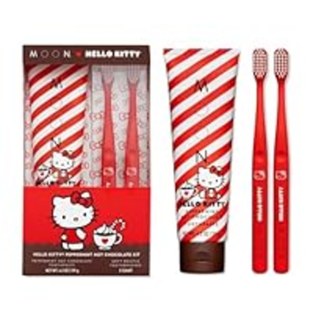 MOON x Hello Kitty Toothpaste, Peppermint Hot Chocolate Flavor, 4.2 Oz, No Fluoride or Sugar, Plus 2 Pack Extra Soft Bristle Toothbrushes, Gentle on Gums & Teeth for Adults & Children 2 Years+