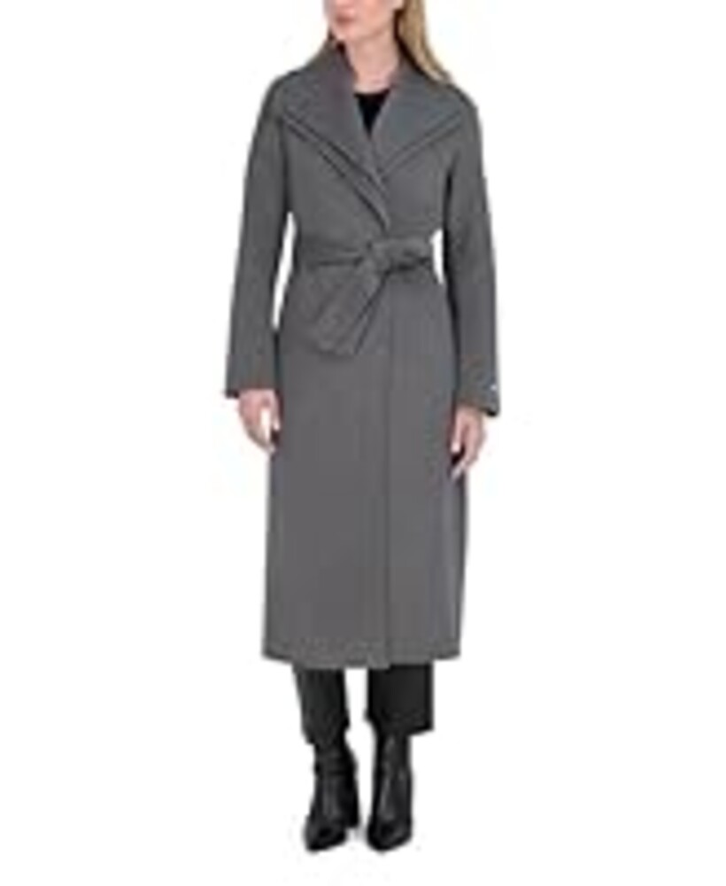 TAHARI Women's Slim Fit Double-Faced Wool Blend Wrap Coat with Tie Belt – Longline Silhouette, Ash, XX-Large