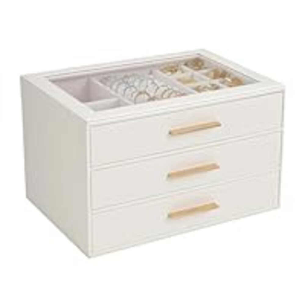 GUOER Jewelry Box for Women, Glass Lid Jewelry Organizer with 3 Drawers PU Jewelry Storage Case for Necklaces Rings Earrings Bracelets, White