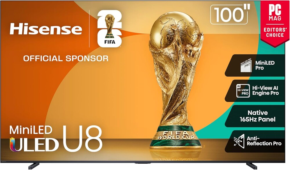 Hisense 100" Class U8 Mini-LED ULED 4K UHD Google Smart TV (100U8QG, 2025 Model) - QLED, Native 165Hz, VRR 288, Up to 5000 Nits, HDR10+, Dolby Vision IQ · Atmos, IMAX Enhanced, 4.1.2 Ch Surround