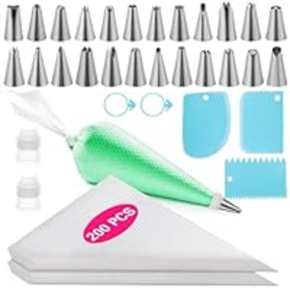 231Pcs Piping Bags and Tips Set，Disposable Frosting Piping Kit Includes 200Pcs Piping Bags(11.7In)，24 Piping tip，3 Cake Scrapers，2 Couplers and 2 Icing Bags Ties