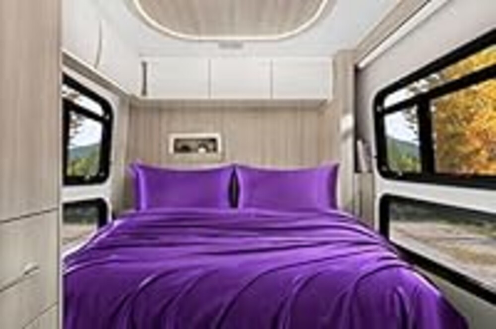 Homiest 4pcs RV Short Queen Satin Sheets Set Luxury Silky Satin Bedding Set with 10" Deep Pocket, Camper Queen Sheets, 1 Fitted Sheet + 1 Flat Sheet + 2 Pillowcases (RV Short Queen, Purple)