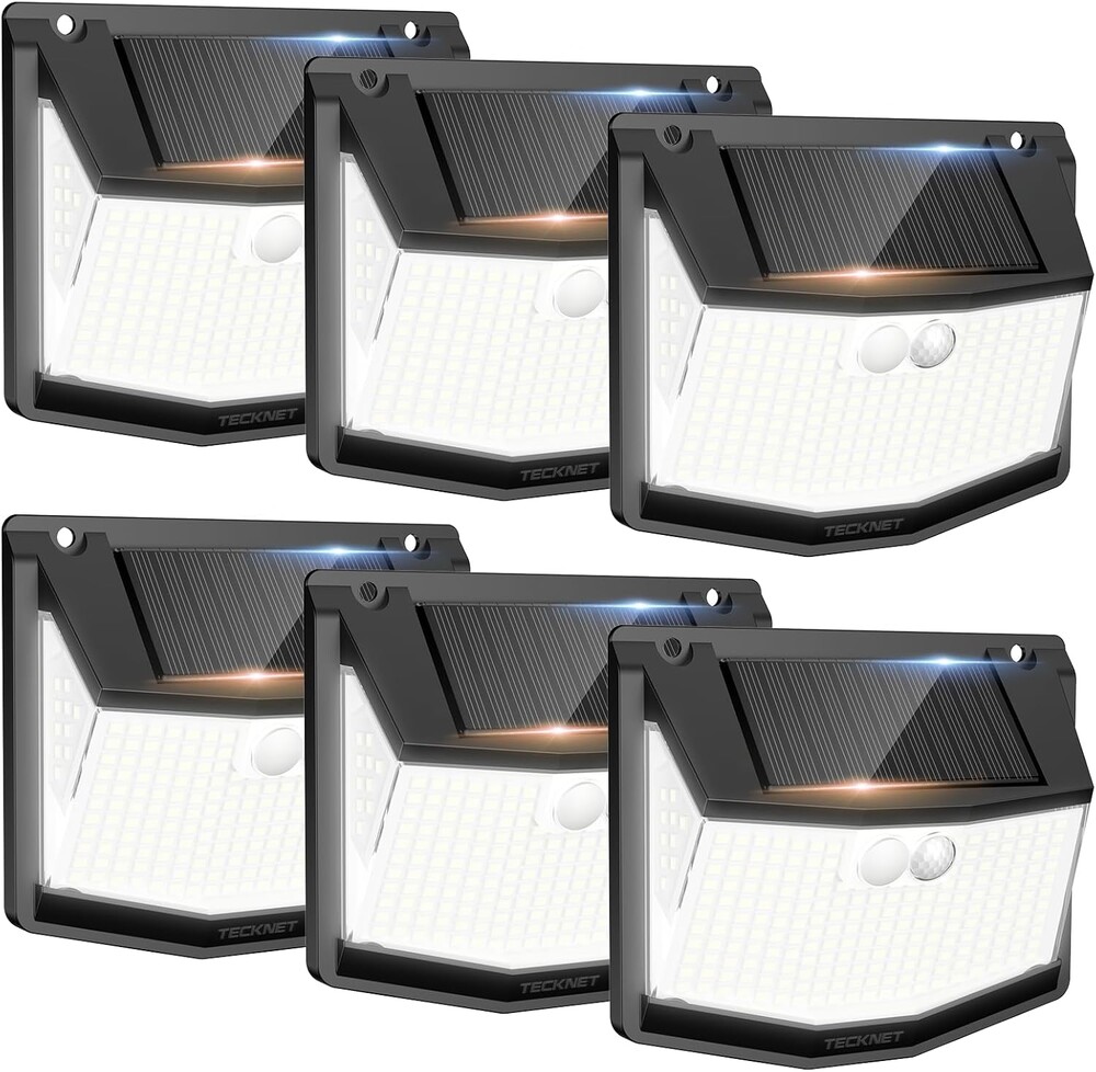 TECKNET 248 LED Outdoor Solar Lights & Motion Sensor 6 Pack, 300° Angle & 3 Lighting Modes Solar Lights Outdoor Waterproof, Solar Powered Security Flood Wall Lights IP66 for Outside/Yard Fence/Garden