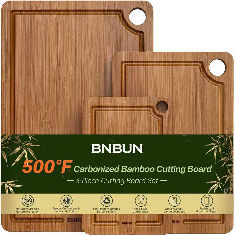 Bamboo Cutting Board for Kitchen – 3-Piece Wooden Boards with Juice Grooves, Side Handles, Non-Slip Mats – Perfect for Meat, Veggies Fruit,Bread Boards – Ideal Kitchen Gift