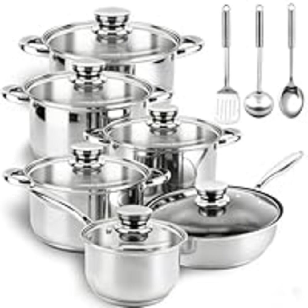 Colourcoco Stainless Steel Cookware Set - 15 Pieces Pots and Pans Nonstick Pot and Pan Set Includes 1 Frying Pans, 5 Pots, 6 Lids and 3 Utensils, with Stay Cooling Handle, Induction & Oven Safe