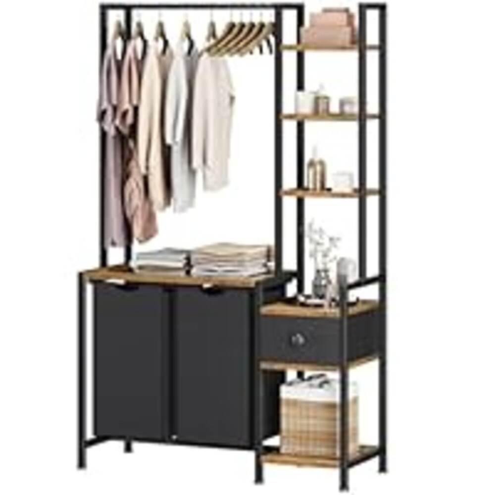 Creso hom Laundry Hamper with Shelf, 5 Tiers Tall Laundry Basket Sorter with 2 Pull-Out and Removable Bags, Clothes Rack with Laundry Sorter for Laundry Room Bathroom Bedroom, Rustic Brown