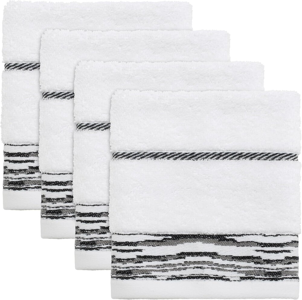 Nicole Miller - Washcloths, Soft & Absorbent Cotton Towels, Dorm Room Essentials, Set of 4 (Sydney Collection, White/Black)