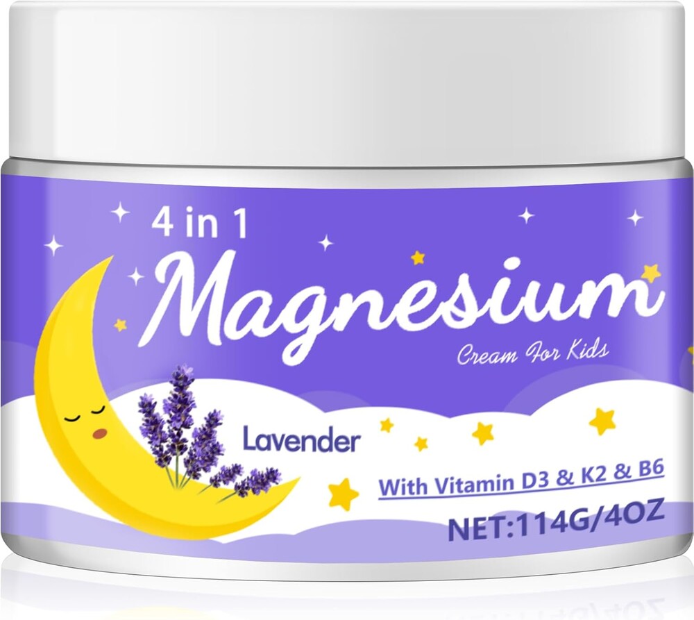 Magnesium Lotion for Kids, Magnesium Cream for Babies, Reduces Pre-Bed Anxiety & Extends Sleep Duration, Lavender with Vitamins D3, K2, B6, Melatonin-Free, for Sensitive Skin (4 Oz)