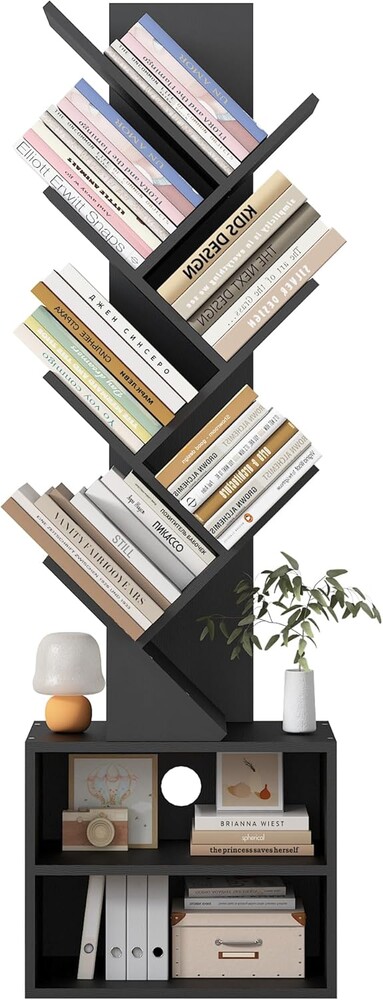 6 Tier Tree Bookshelf, Wood Bookcase with Storage Cabinet, Modern Tall Narrow Bookshelves Organizer, Floor Standing Book Shelf for Bedroom/Living Room/Home Office/Corner (Black, 6 Tier)