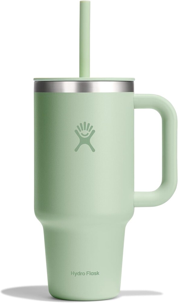 Hydro Flask Travel Tumbler with Handle, Lid and Straw - Insulated Stainless Steel in 32 Oz Aloe Green