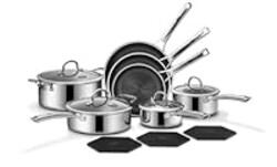SNOWCLAD Pots and Pans Set Non Stick, 14 Pcs Hybrid Stainless Steel Cookware Sets, Non Stick Frying Pans, Saucepans, Saute Pan & Stock Pot, PFOA Free Kitchen Skillet,Induction Compatible