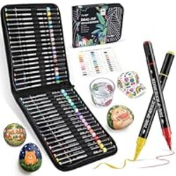 JusArt 36 Colors Acrylic Paint Markers Set with Canvas Bag, Dual Tips with Brush Tip & Fine Tip, No-Bleed, Waterproof, Non-Toxic & Odorless Paint Pens for Rock, Egg, Wood, Canvas, Glass, Ceramic, DIY