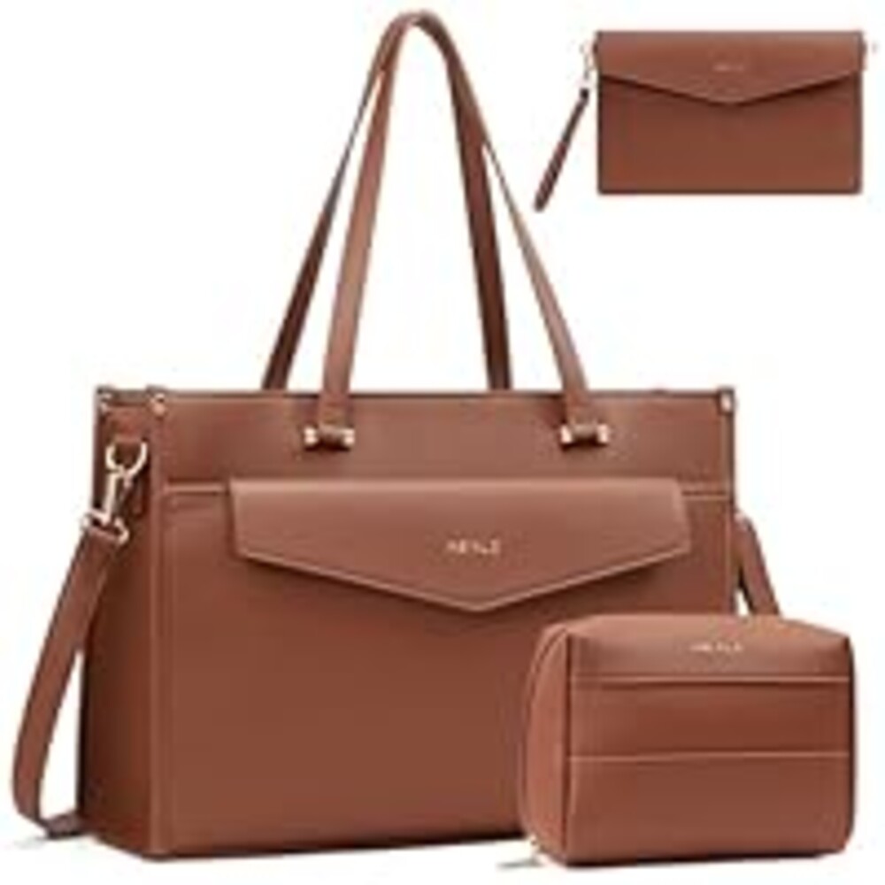 Keyli 3pc Sets Laptop Bag for Women, 15.6 Inch Lightweight Work Tote Bags Waterproof Leather Professional Computer Briefcase Shoulder Handbag Brown Crossbody Purses for Business, Office, Travel