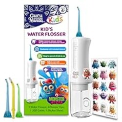 GuruNanda Kids Water Dental Flosser - 4 Flossing Modes, 4 Nozzles, 2-Min Smart Timer, Ages 6+, Monster Frens Theme, Portable Oral Care for Kids