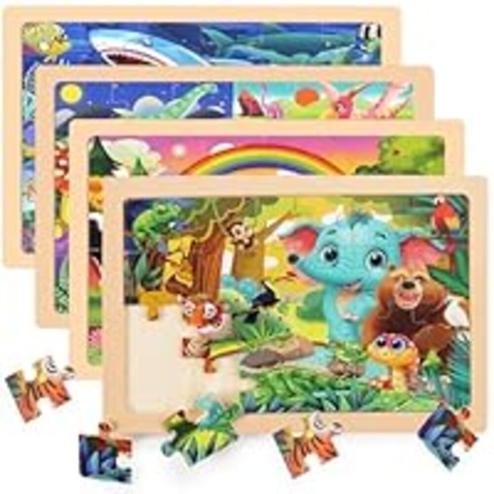 4 Packs 24 PCs Wooden Puzzles for Kids Ages 3-5, Montessori Toddler Jigsaw Puzzles, Preschool Educational Toys Gifts for Children Ages 4-8, Puzzles Boards Toys Gifts Easter Basket Stuffers