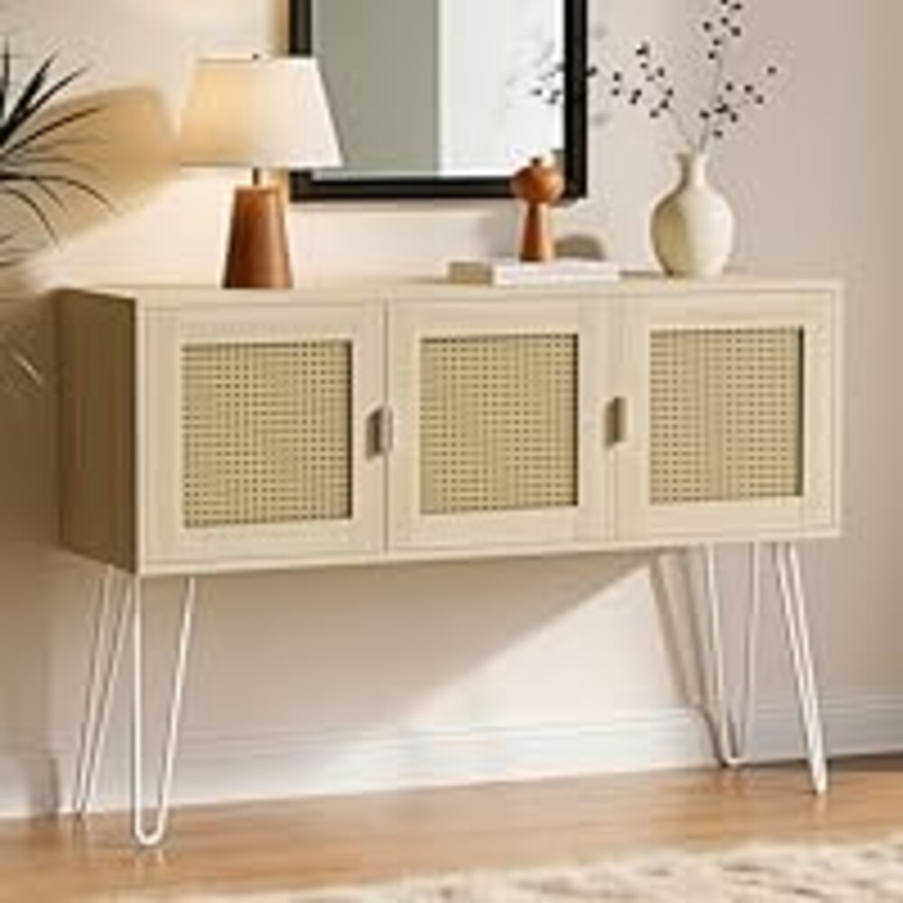 Netstar 47" Entryway Console Table with Storage, Rattan Cabinet Hallway Table with 3 Doors, Farmhouse Sofa Couch Table for Living Room, Foyer, Anti-Tip, Natural