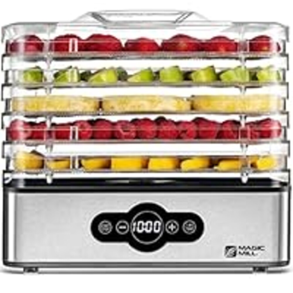 Magic Mill Food Dehydrator Machine | 5 Stackable Stainless Steel Trays, 48H Digital Adjustable Timer & Temperature Control Upto 167° Electric Dryer & Preserver for Jerky, Fruit, Dog Treats & Much More