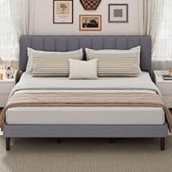 DUMOS King Size Bed Frame - Fabric Upholstered Platform Bed with Headboard, 800LBS Sturdy Wooden Slats Support, No Box Spring Needed, Noise Free, Easy Assembly, Grey