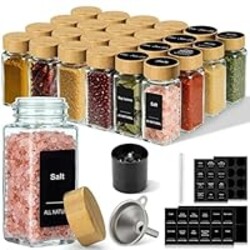 Torchero Square Glass Spice Jars with Bamboo Lids, 24 Pack 4oz Spice Containers with Shaker Inserts and Labels, Airtight Seasoning Organizer for Spice Rack, Cabinet, Drawer, Grinder & Funnel Included