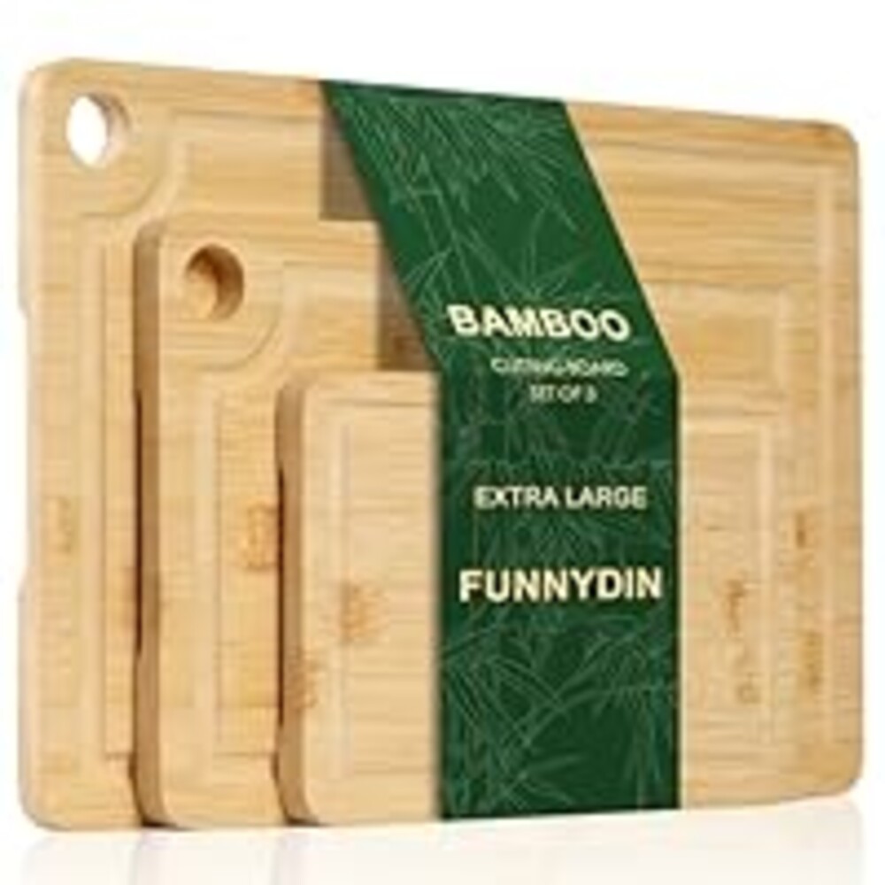 Bamboo Cutting Board Set of 3 - Durable Bamboo Cutting Boards with Deep Juice Grooves & Built-in Handles & Hanging Holes, Reversible Wooden Cutting Boards for Kitchen, Meat, Vegetables